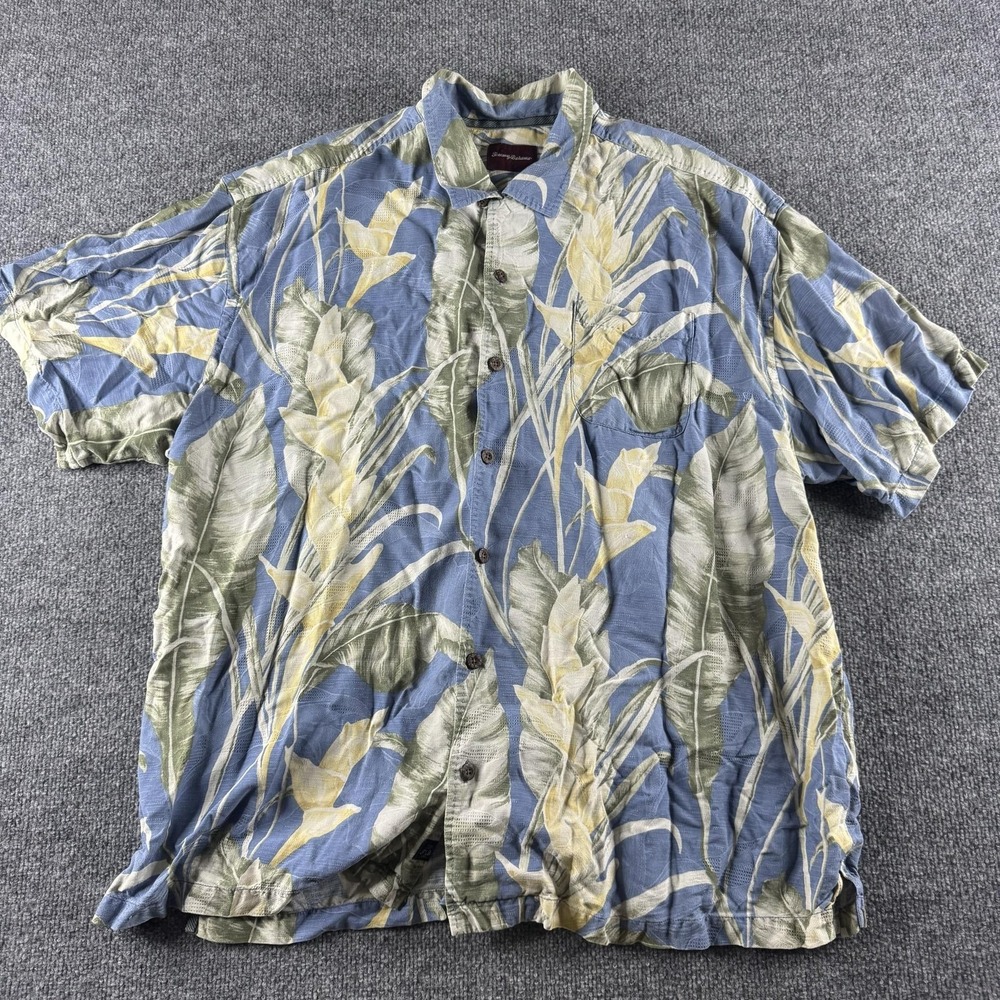 Tommy Bahama Shirt Mens 2XL Blue Floral Silk Short Sleeve Hawaiian Button Up